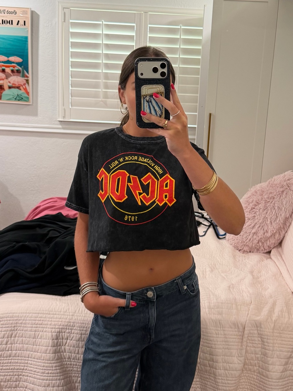 AC/DC Cropped Vintage Graphic Tee in Black with Red & Yellow Logo